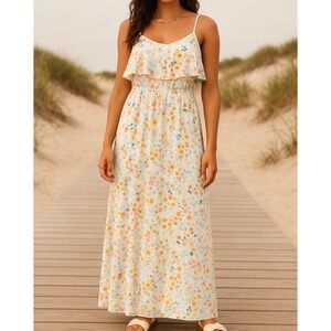 Lauren Conrad Women's Floral Tiered V-Neck Cinch Waist Long Maxi Dress sz M Whim